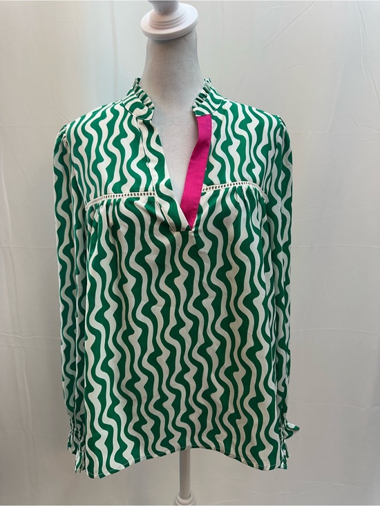 THML Tops - THML Green and White Wavy Stripe Blouse with Pink Placket M